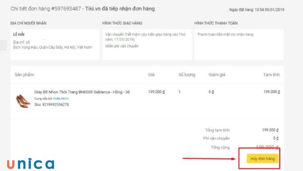 Bấm vào Hủy đơn hàng