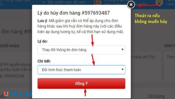Bấm Đồng ý để hủy đơn hàng