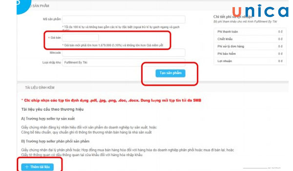 Nhập “mã sản phẩm” và “giá bán” và “thêm tài liệu”