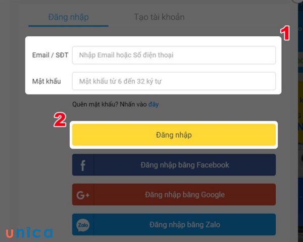 Điền số điện thoại, Email đăng ký tài khoản Tiki vào ô trống và nhấn Đăng nhập