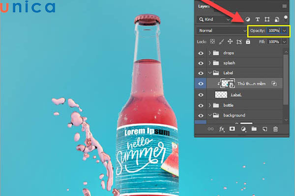 Điều chỉnh Opacity với Tem của chai nước