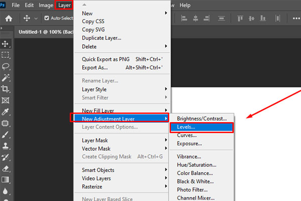 Thao tác mở công cụ Levels