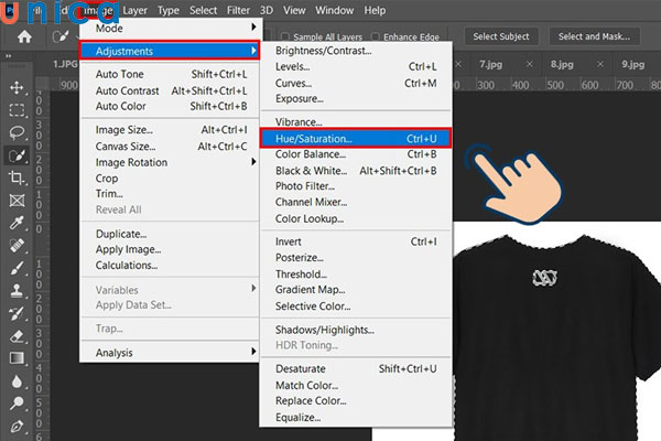 Thao tác chọn công cụ Hue/Saturation