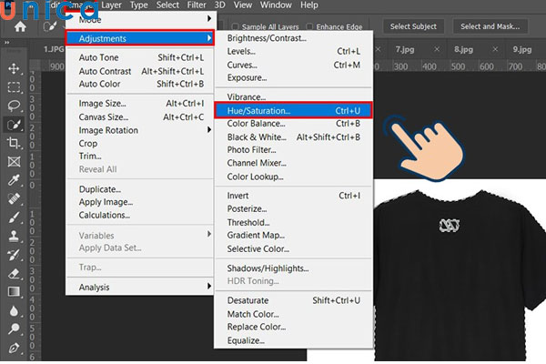 Thao tác chọn công cụ Hue/Saturation