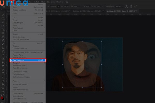 Chọn Free Transform để điều chỉnh hai khuôn mặt khớp với nhau