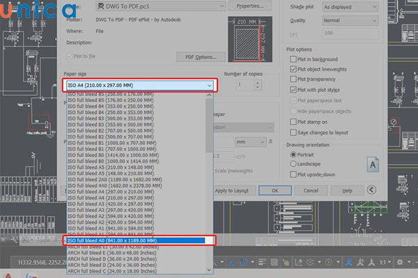 Chọn kích thước file muốn chuyển đổi để xuất file cad sang pdf hàng loạt