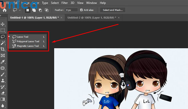 Lựa chọn một trong ba công cụ Lasso Tool