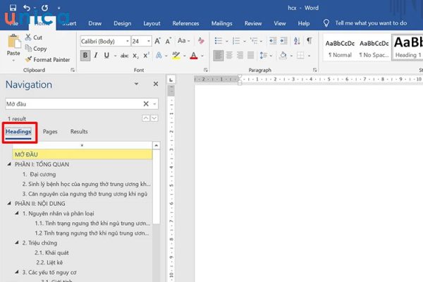 Chọn mục Headings