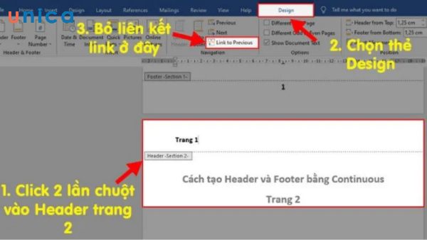 Chọn Continuous để tách trang 2 ra khỏi trang 3