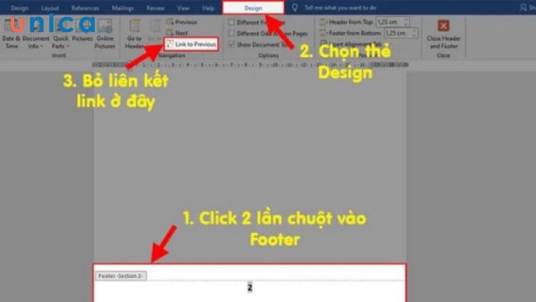 Chọn Design và bỏ chọn Link to Previous