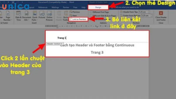 Chọn tab Design và bỏ chọn Link to Previous