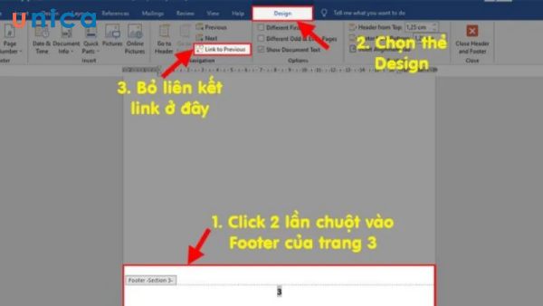 Chọn tab Design và bỏ chọn Link to Previous