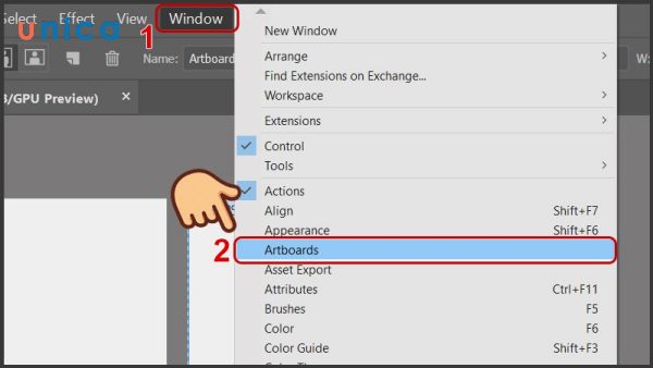 Chọn Artboard để mở menu Artboard