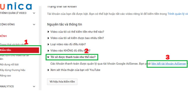 Thao tác liên kết tài khoản AdSense