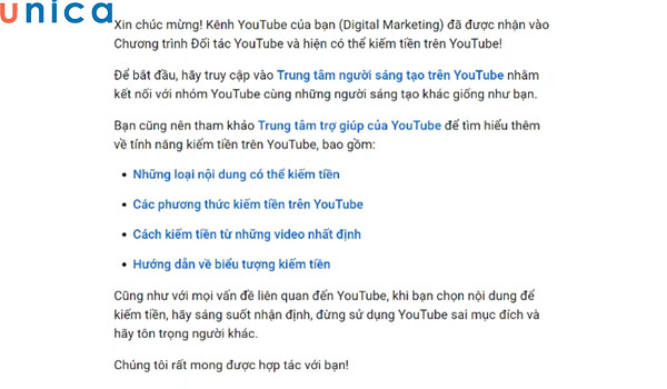 Thông báo đủ điều kiện kiếm tiền trên Youtube