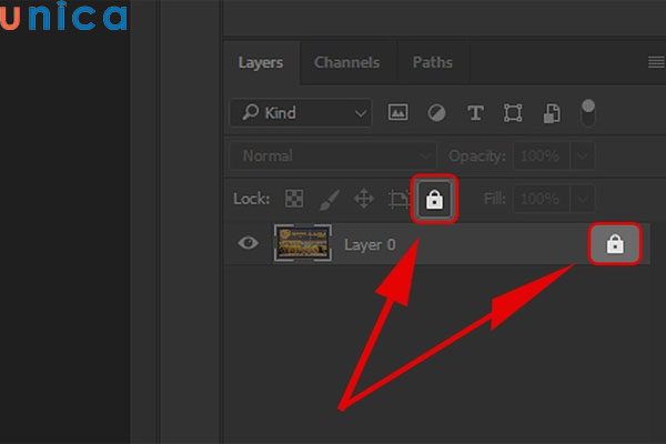 Khóa layer trong Photoshop bằng biểu tượng ổ khoá