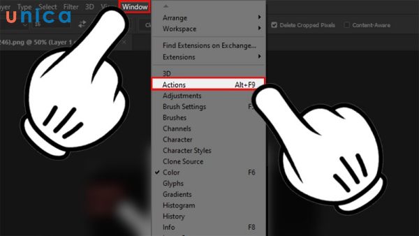Chọn Action hoặc nhấn tổ hợp phím Alt + F9 để mở Action