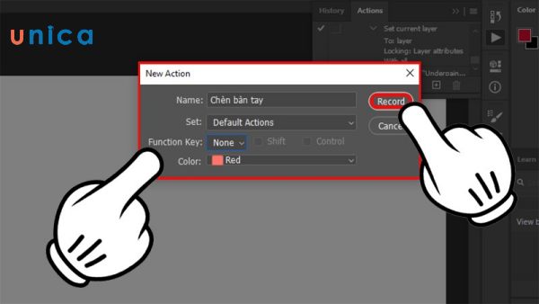 Chỉnh trong New Action và nhấn Record