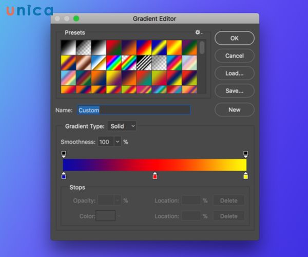 Hộp thoại Gradient Editor sẽ xuất hiện để bạn có thể lựa chọn gam màu độc đáo hơn