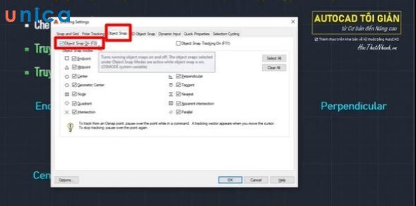 Ô Object Snap On (F3) trong thẻ Object Snap đang được đánh dấu tích