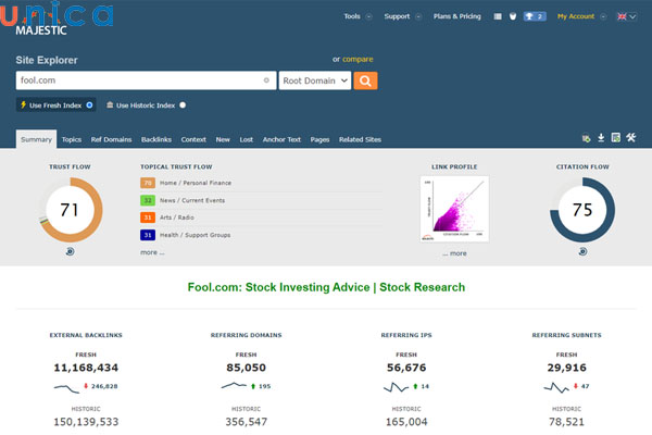 Site Explorer Summary là giao diện chính của công cụ Majestic