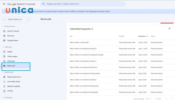 Sử dụng Google Search Console xóa các trang không index