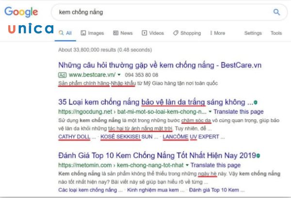 tìm lsi keyword của kem chống nắng