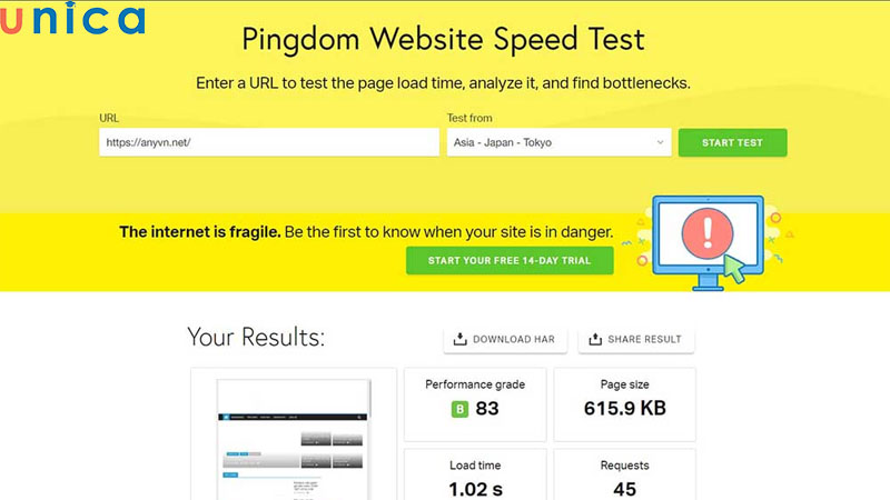 Pingdom Website Speed Test đánh giá tốc độ website nhanh chóng