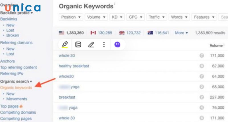 Truy cập phần Organic Keywords