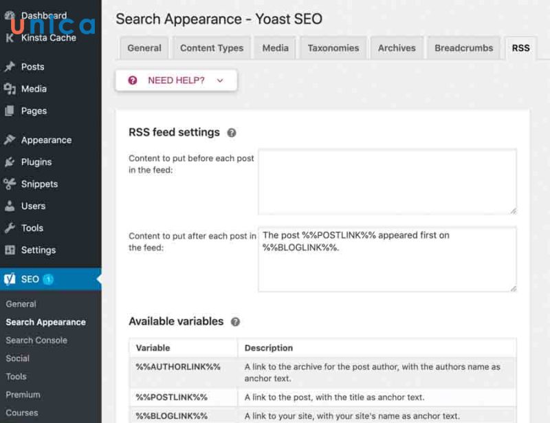 Tab RSS cho phép bạn chèn nội dung vào trước hoặc sau bài đăng trong RSS feed