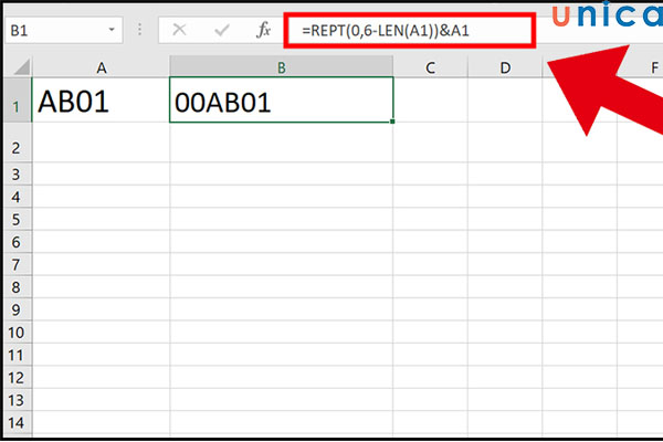 Nhập công thức để thêm số 0 vào đầu văn bản