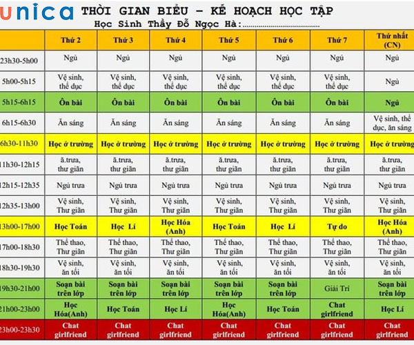 Mẫu thời gian biểu học tập khoa học