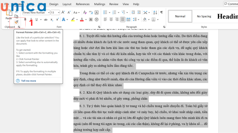Các bước định dạng văn bản bằng Format Painter