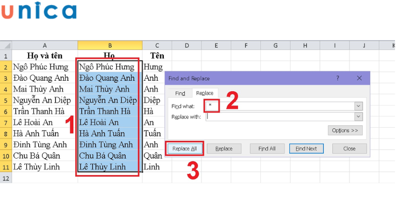 Hướng dẫn tách họ bằng tính năng Find and Replace