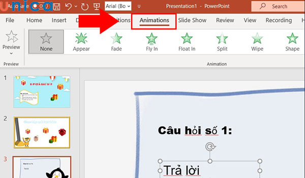 Chọn Animations để tạo hiệu ứng