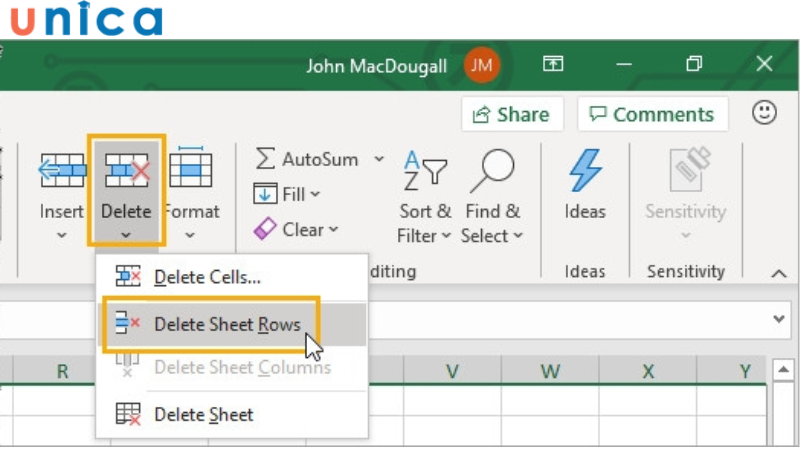 Dùng phím Delete Sheet Rows để xóa những dòng trắng trong Excel