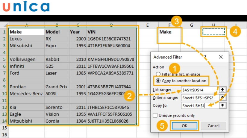 Các bước để sử dụng tính năng bộ lọc nâng cao xóa dòng trống trong Excel