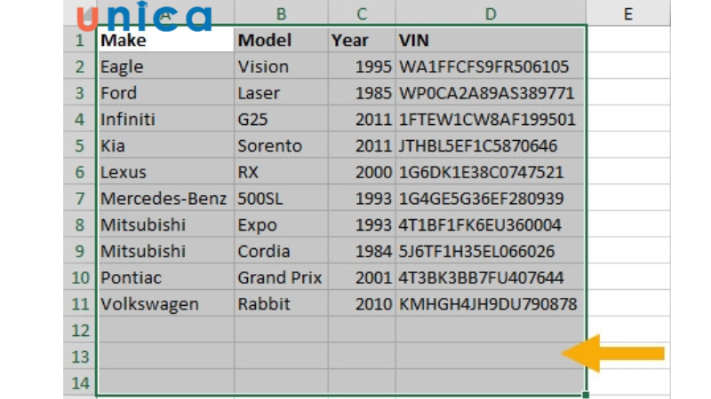 Các dòng trống trong Excel sẽ được đẩy xuống cuối bảng