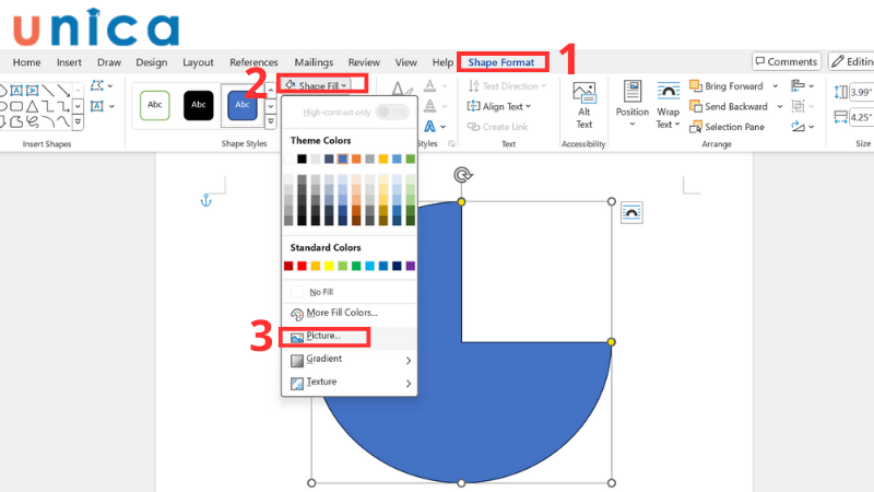 Chuyển đến mục Shape Format để chèn ảnh bạn muốn vào khung ở trong Word