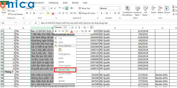 Chọn “Format Cells”