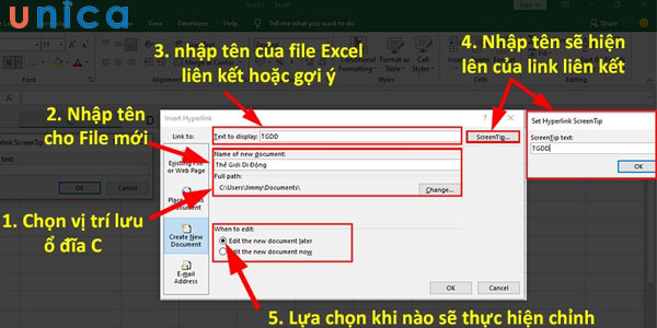 Thao tác chèn link vào excel đến một file mới