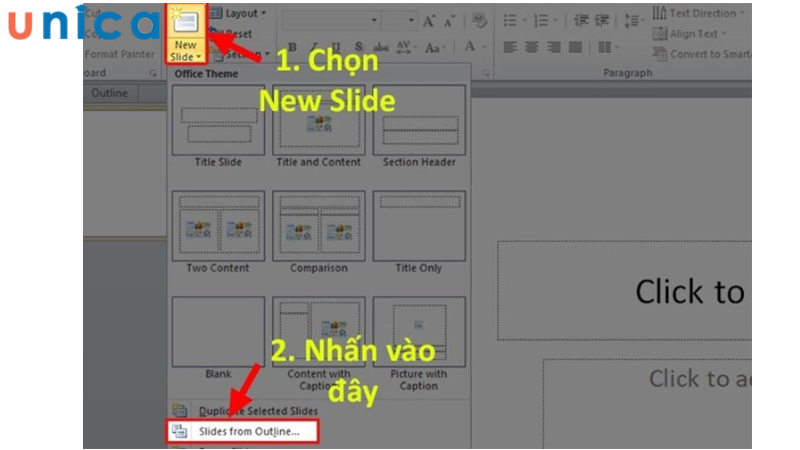 Tại đây bạn chọn mục Slide from Outline