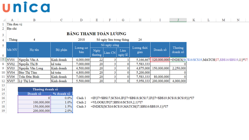 Cách dùng hàm INDEX kết hợp hàm MATCH 