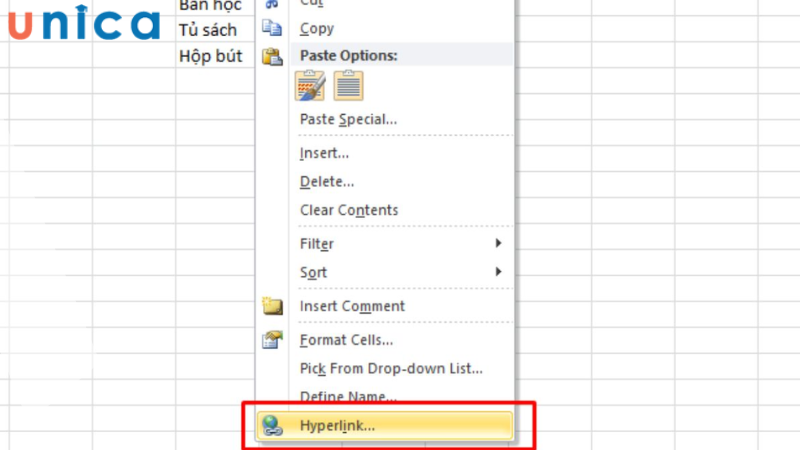 Ấn chuột phải chọn Hyperlink 