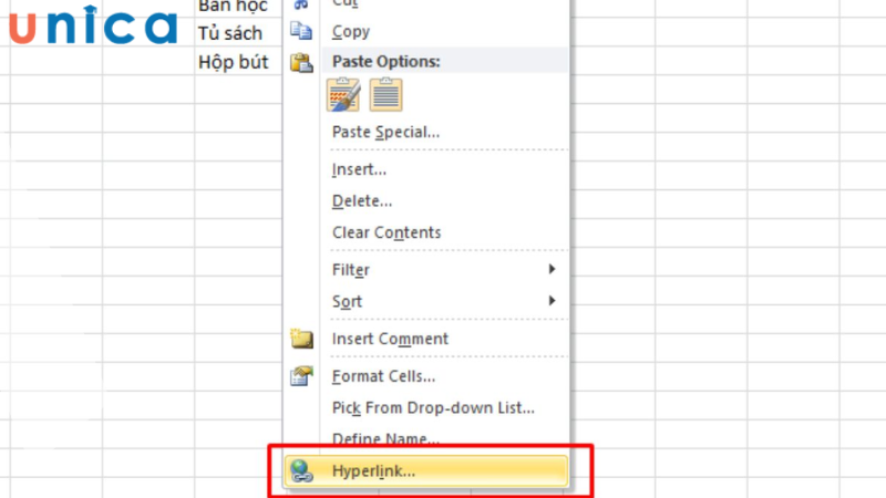 Ấn chuột phải chọn Hyperlink