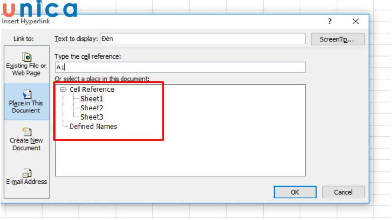 Chọn một sheet đã có sẵn trong Excel ở mục Cell Reference.