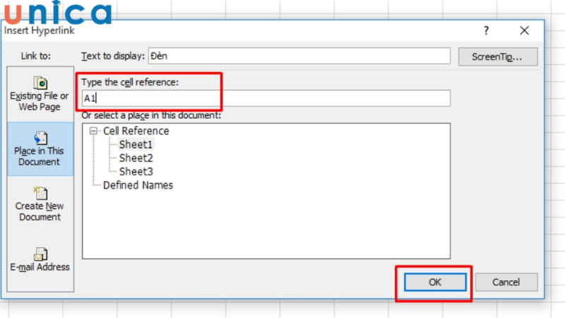 Nhập ô chứa liên kết cuối cùng tại mục Type the cell reference