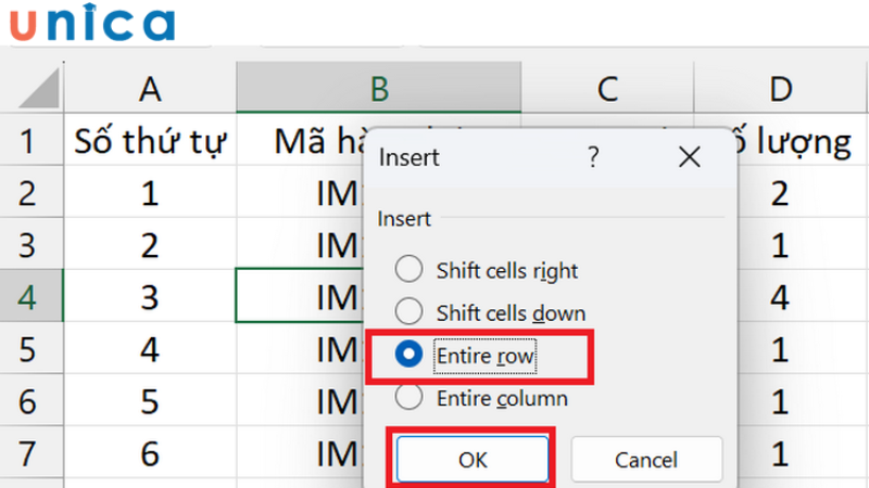 Chọn Entire Row trong menu Insert