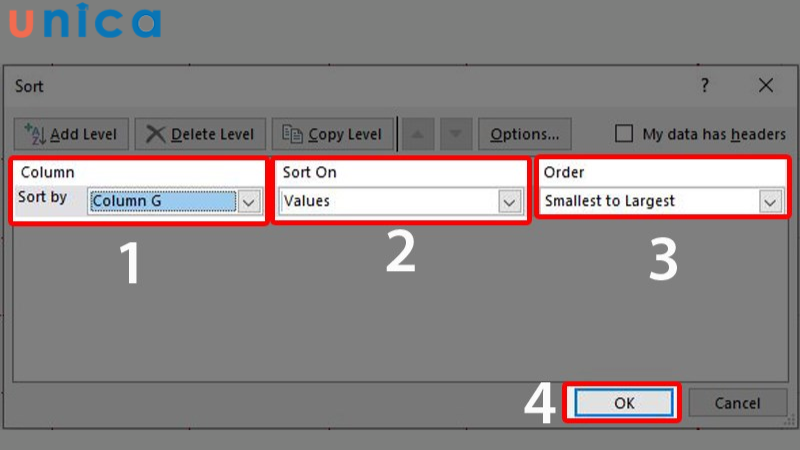 Trên thanh công cụ để mở thẻ DATA > chọn Sort