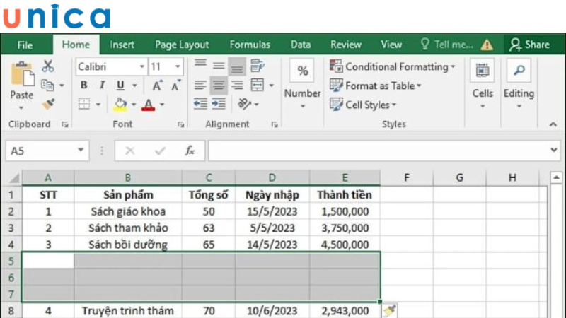 Các bước thêm dòng trong Excel bằng thanh Ribbon